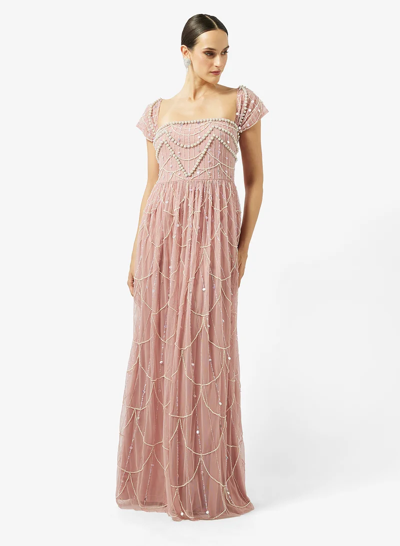 Off Shoulder Bead Embellished Evening Gown